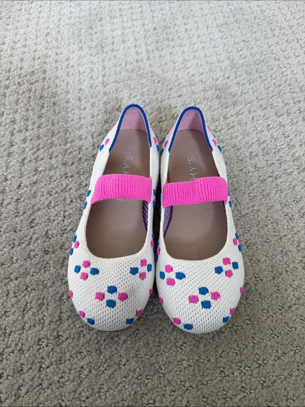 Rothy’s Girls White Knit Mary Jane Shoes with Pink Strap and Blue Accents